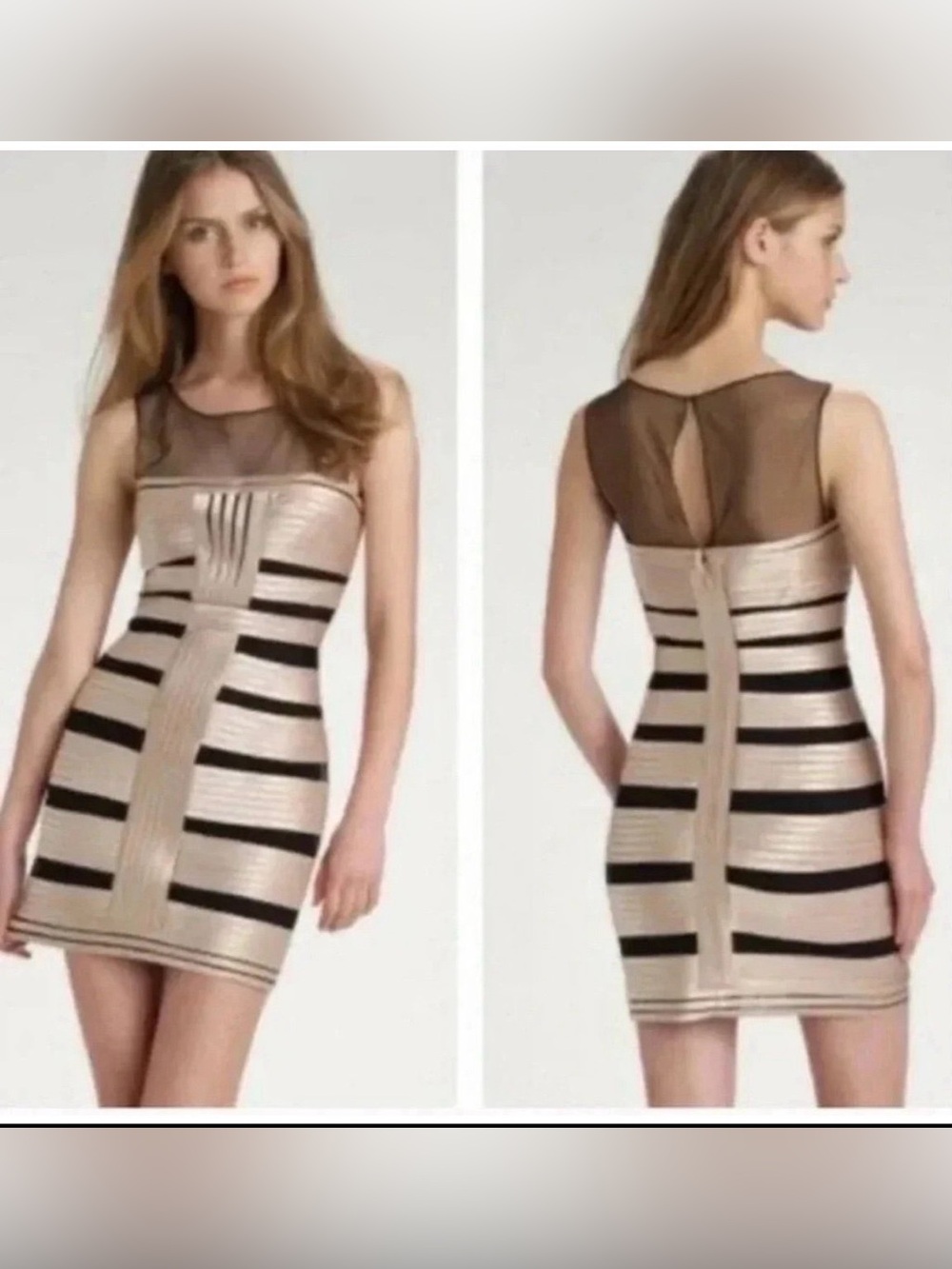 BCBG Maxazria Champagne Black Bandage Dress Short Cocktail Evening Vegas Sz 10